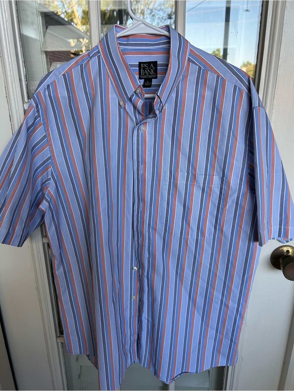 Jos. A. Bank Blue and Orange Striped Short Sleeve Button-Down Shirt